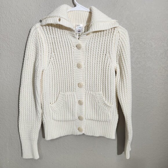 Old Navy Sweater Womens Medium Ivory Button Front Cardigan Knit Pockets Collar - Picture 1 of 9